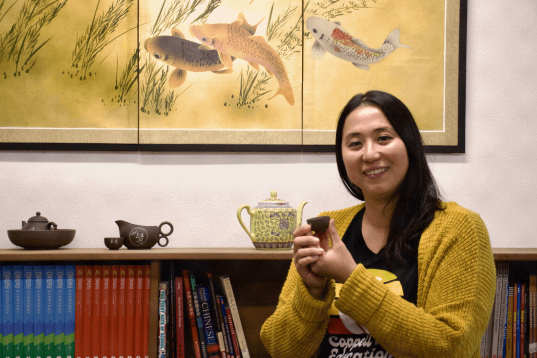 Coppell High School Mandarin Chinese teacher Andrea Voelker decorates her classroom with many references to  Chinese culture including art, literature and porcelain. Voelker made the switch from business to teaching and has taught Mandarin at Coppell for12 years, spreading the language and culture at CHS.