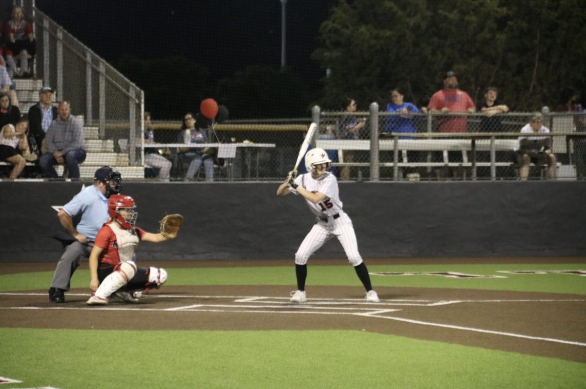 Coppell first baseman Madison Scott bats at Coppell ISD Baseball/Softball Complex during the seventh inning against Flower Mound Marcus on Friday. The Marauders defeated the Cowgirls, 4-0.