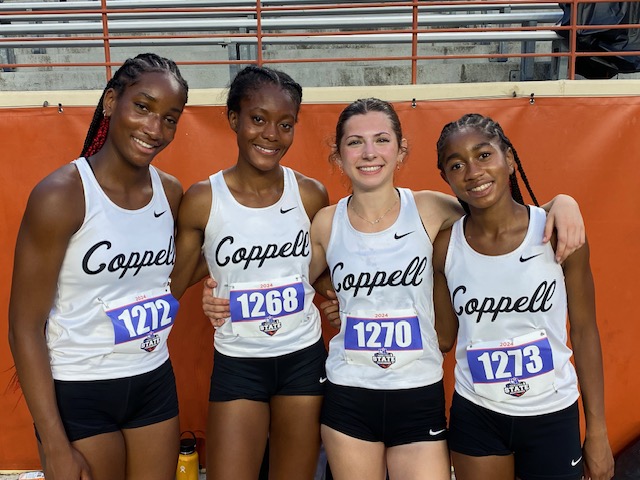 Coppell+track+and+field+senior+Emma+Williams%2C+senior+Sedem+Buatsi%2C+junior+Angelina+Raicu%2C+and+sophomore+Sophia+Williams+broke+school+records+for+the+fifth+time+this+year+in+the+4x200+relay.+Coppell+placed+sixth+at+UIL+Class+6A+state+meet+at+the+University+of+Texas+at+Austin+on+May+5.+