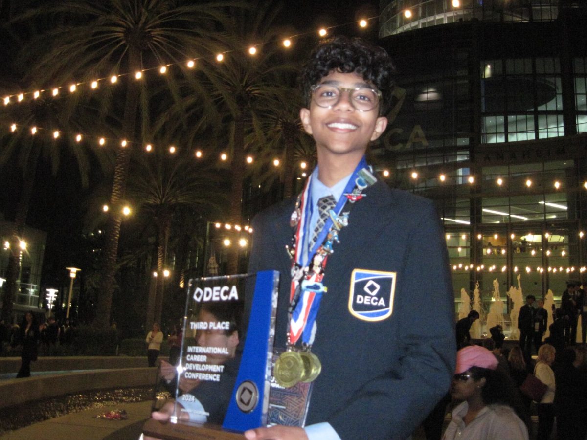 Yuvan Sampath placed third at the 2024 International Career Development Conference on April 30 in Anaheim, Calif. This is the first time that Coppell has had a DECA glass trophy winner. Photo courtesy Yuvan Sampath.