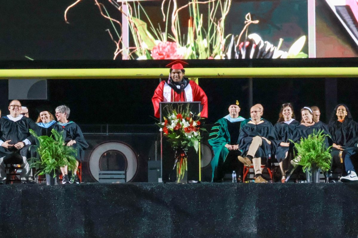 Coppell High School class president Sid Gunasekaran concludes the graduation ceremony with a closing speech. Coppell High School held its graduation ceremony for the Class of 2024. 