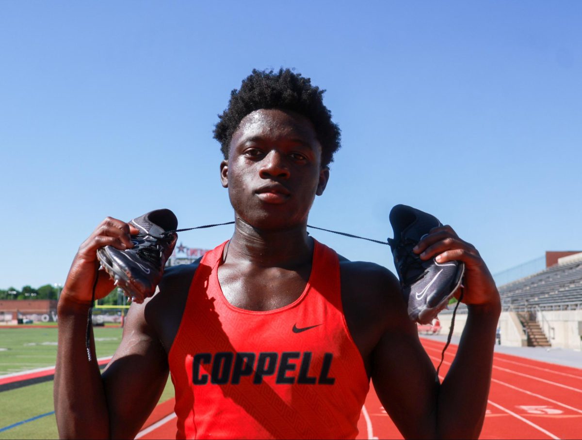 Coppell junior Matthew Maldima broke Coppell High School’s 100-meter and 200-meter run record on April 12 at the 2024 5-6A/6-6A Area Championships, setting a new school record of 10.29 and 20.89. Maldima currently holds the second-best wind-legal time in the nation and advanced to state in the 4x100, 100-meter and 200-meter races. 