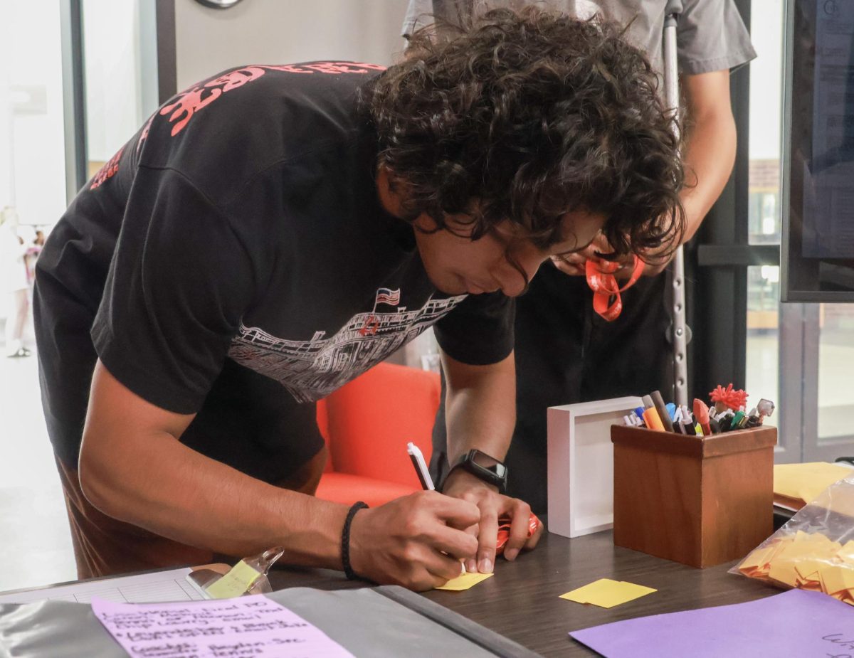 Coppell senior Ayan Dadsena writes his school ID number on a raffle ticket at the front desk during lunch. The raffle encourages students to keep their school identification visible and help promote on-campus safety.