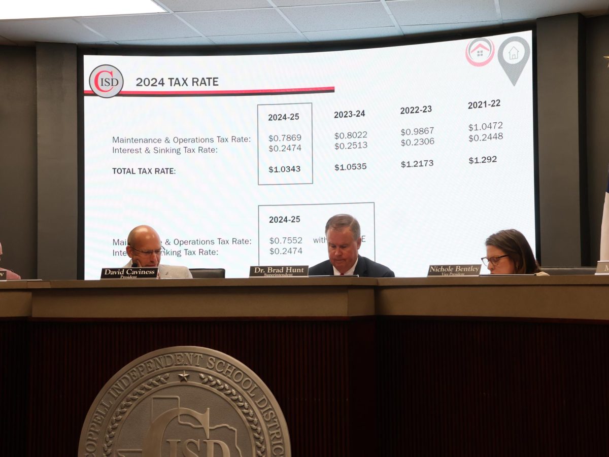 Coppell ISD trustee David Caviness, Superintendent Dr. Brad Hunt, and trustee Nichole Bentley discuss the new maintenance and operations tax rate for the 2024-25 school year. The board discussed budget policies and campus improvements on Monday in the Vonita White Administration Building.
