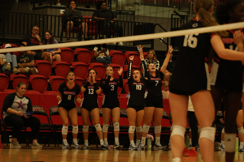 Coppell players celebrate a team point during the second set against Keller at the CHS Arena on Friday. The Cowgirls lost to the Indians, 3-0 (25-15, 25-19, 25-16) in a tense matchup. 