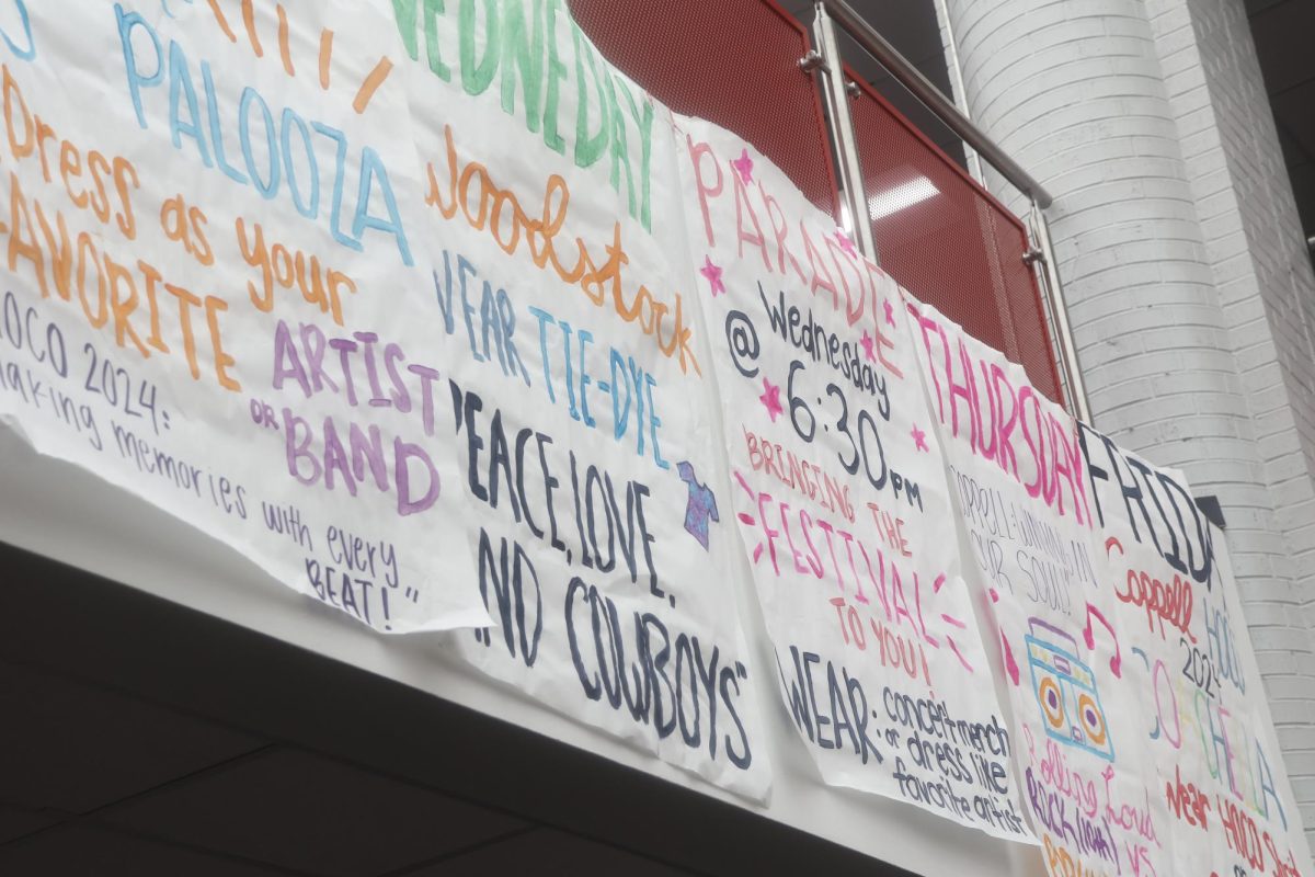 Posters made by Coppell High School Student Council display Homecoming week dress-up themes on the senior bridge in the main hallway. Coppell celebrates homecoming this week, with the execution of its events planned by Student Council and Red Jacket advisers, Bianca Benitez and Courtney Crosby.