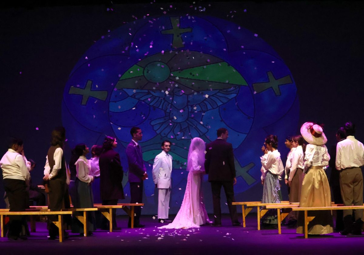 Cast of “Our Town” perform the wedding scene in Act 2 between Emily Webb played by New Tech @ Coppell senior Lucy Martinson and George Webb played by New Tech @Coppell senior Sarvin Narang. “Our Town” shows in the CHS Auditorium at 7 p.m. on Thursday, Friday and Saturday. 