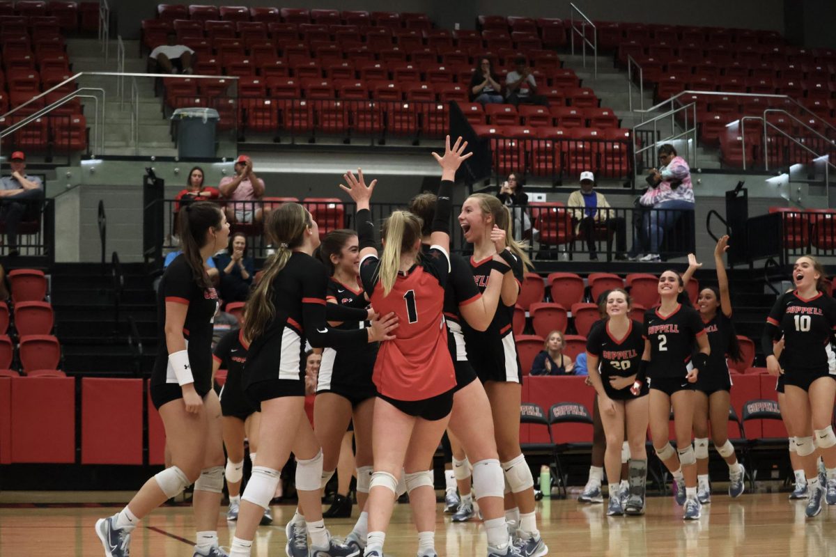 The Coppell volleyball team celebrates its win against Desoto at CHS Arena on Sept. 3 on Senior Night. The Cowgirls play Grapevine on Tuesday at CHS Arena. 