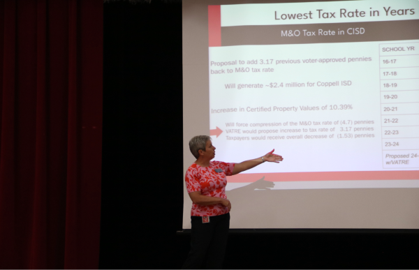 Coppell ISD chief financial officer Diana Sircar explains the reasons for the Voter Approval Tax Ratification Election to attendees of the VATRE information session at Coppell Middle School North on Tuesday. The Voter Approval Tax Ratification Election is a referendum to increase the CISD Maintenance and Operations (M&O) tax rate by 3.17 pennies, generating an additional $2.4 million in funding for the district. 