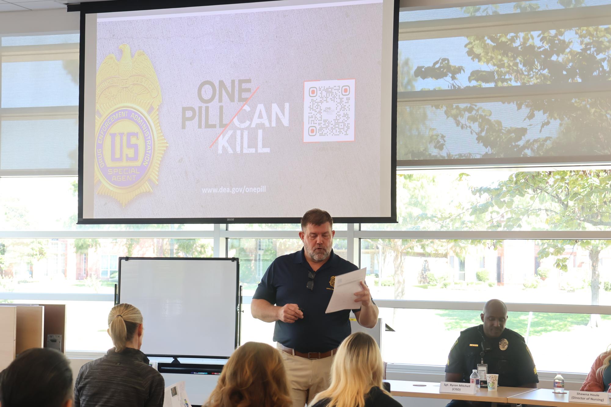 Drug Enforcement Administration (DEA) assistant special agent W. Guy Baker discusses the threats Fentanyl has on young adults. On Saturday, the Coppell Cozby Library and Community Commons hosted Fentanyl in Coppell, an informative meeting highlighting the dangers of drug abuse.