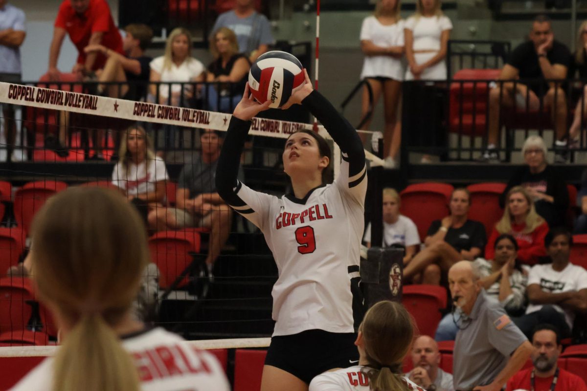 Coppell senior setter Carolina Ufret sets on Sept. 27 against Denton Ryan at CHS Arena. The Cowgirls play Flower Mound Marcus on Friday at CHS Arena. Photo by Nyah Rama