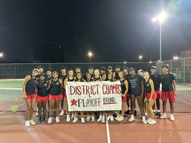 The Coppell tennis team clinched the District 5-6A title and advances to next week’s Class 6A playoffs. Coppell defeated Flower Mound Marcus, 16-3, at the Coppell Tennis Center on Tuesday. Photo courtesy Alyssa Noonan.