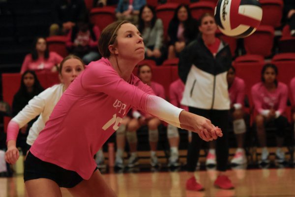 Coppell sophomore outside hitter Brooke Felix passes at CHS Arena on Oct. 18. Felix has been playing volleyball since sixth grade and takes pride in the community around her. Photo by Manasa Borra