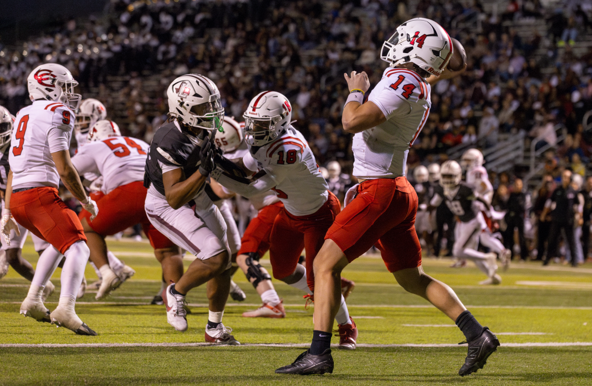 Coppell senior quarterback Edward Griffin drops back to pass against Lewisville at Max Goldsmith Stadium on Oct. 18. The Cowboys play Denton Braswell at Buddy Echols Field on Friday at 7 p.m. 