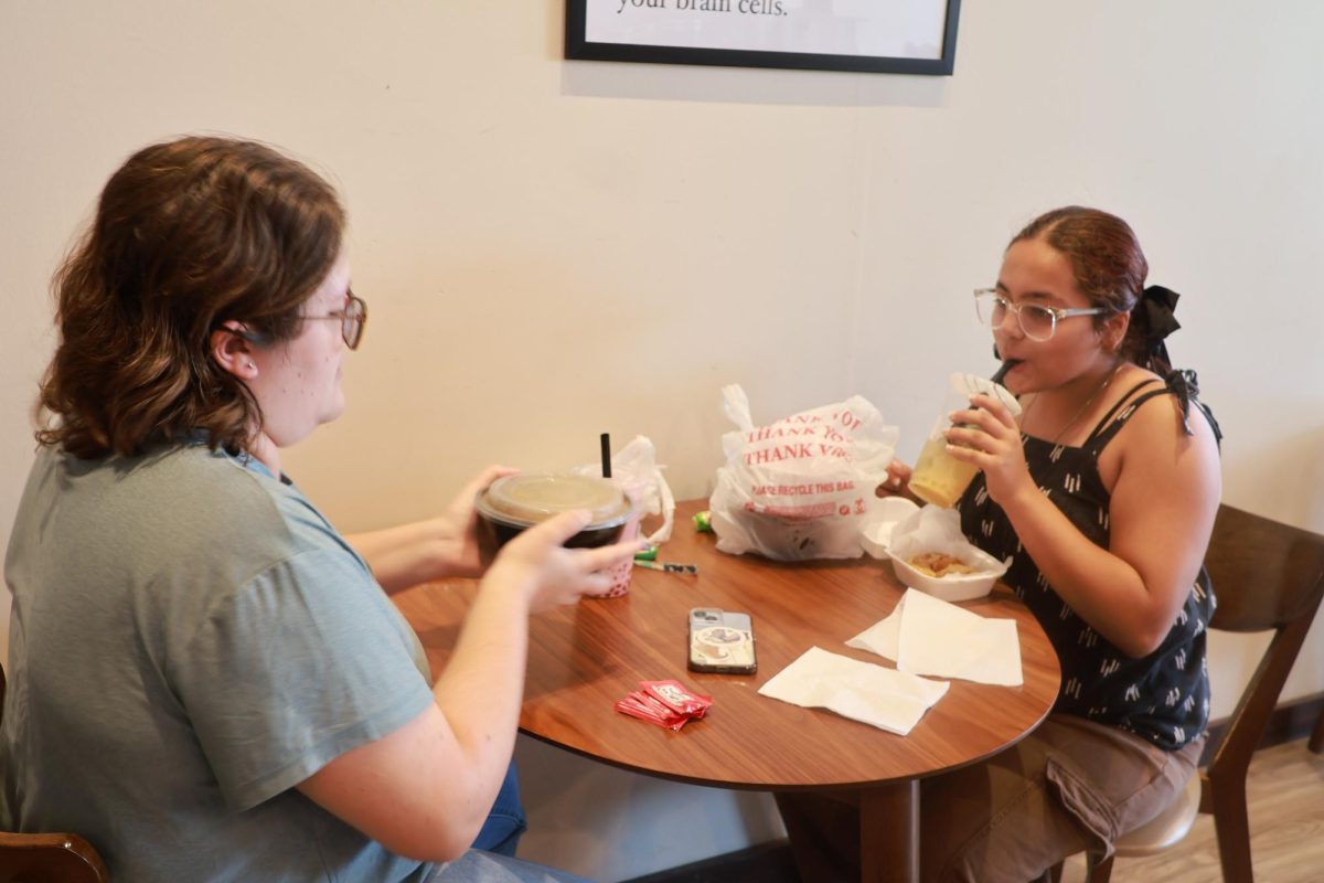 Seniors Alex Halstead and Priti Bhandari enjoy a meal and boba tea at Tea Latte Bar during off-campus lunch. This Tuesday, students with perfect attendance will buy their meals from local restaurants during Purple Lunch. Photo by Ahana Roy