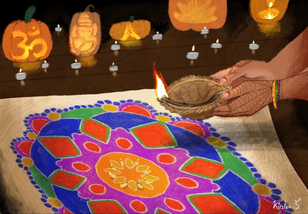 Diwali and Halloween fall on the same day this year. The Sidekick staff writer Deepali Kanchanavally thinks it is important to celebrate both. Graphic by Kirsten Schnock