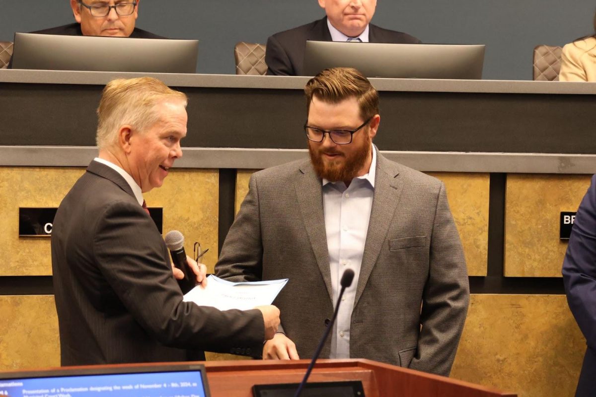 Coppell Mayor Wes Mays recognized Arbor Day and awarded Recreational Supervisor Jonathan Ward, on behalf of the Biodiversity Education Center in Coppell, the seal of Coppell on Oct. 22. Arbor Day is celebrated worldwide in honor of preserving our future by planting trees. 