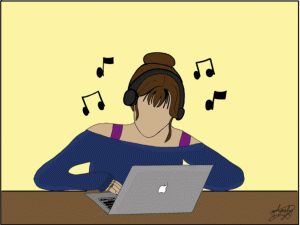 Listening to music while studying can be a controversial subject among students, parents, and teachers. The Sidekick staff writer Prathi Tamara explores how music can be used to increase productivity within students. Graphic by Ainsley Dwyer