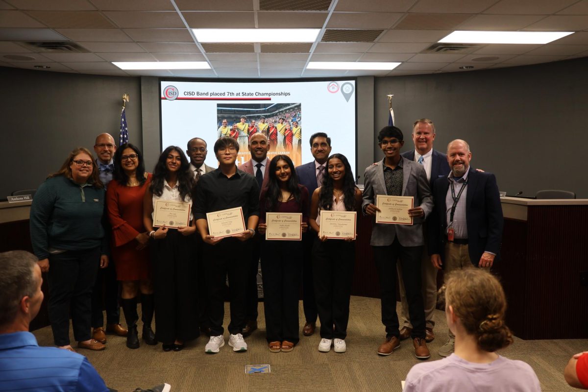 Coppell ISD Board of Trustees recognize Coppell Band director Kimberly Shuttlesworth and Coppell High School senior Pia Lala, senior Edward Yang, senior Nidhi Shashi, senior Pavithra Vijaykumar and senior Siddharth Bellam for Coppell Band’s exemplary performance at UIL Class 6A State Championships on Monday at Vonita White Administration Building. The board discussed prospective financial plans while also recognizing students and staff across the district.

