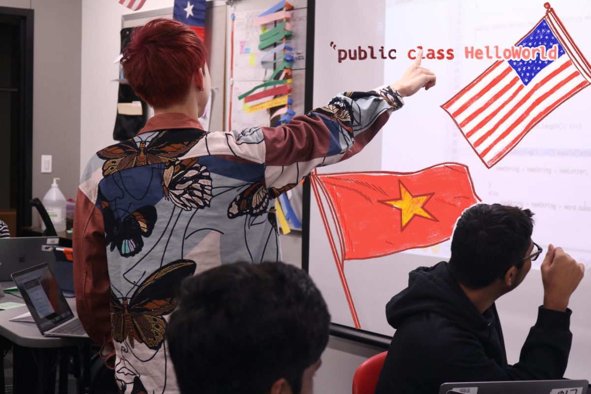 Coppell High School Computer Science teacher Kha Nguyen teaches his seventh period class on Oct. 17. Nguyen is a new teacher at CHS, however, his engaging teaching methods have received a welcoming reception from students. Photo illustration by Maddy Park and Minori Kunte