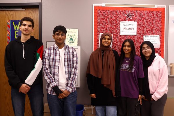 Coppell High School sophomore Mohammad Saleh, seniors Zaid Syed and Safiya Mohammed and juniors Ayesha Imran and Aisha Qama leads the Muslim Student Association together. MSA works to uplift the Muslim community at CHS. Photo by Ananya Narala