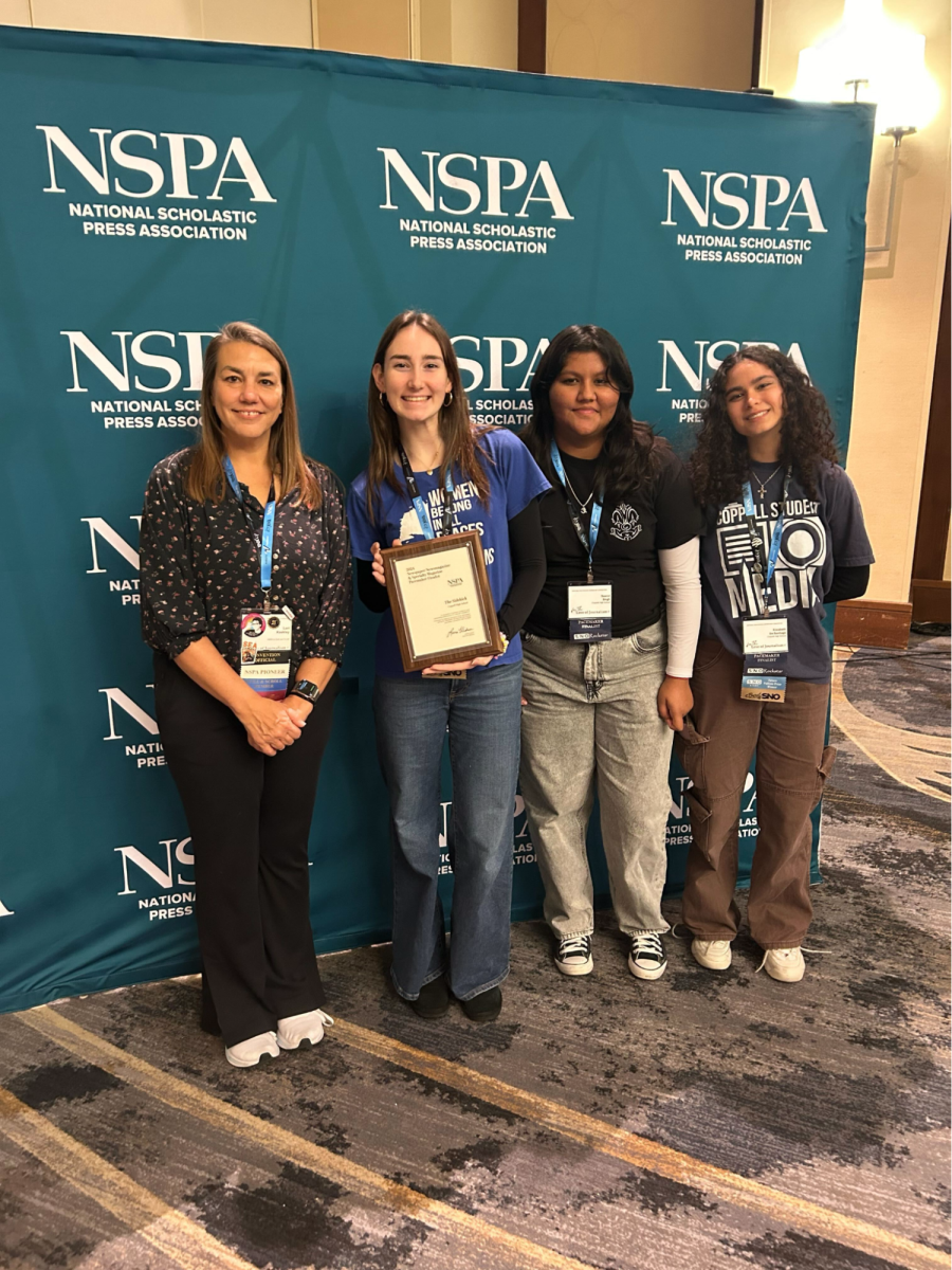 On Friday at the JEA/NSPA Fall National High School Journalism Convention in Philadelphia, The Sidekick, pictured with NSPA associate director Lori Keekley, senior staff writer Ainsley Dwyer, junior staff writer Saanvi Singh and junior staff writer Lizzie De Santiago, received its Newspaper Pacemaker finalist award. The Sidekick and KCBY-TV received 10 awards at the annual convention. Photo by Chase Wofford.