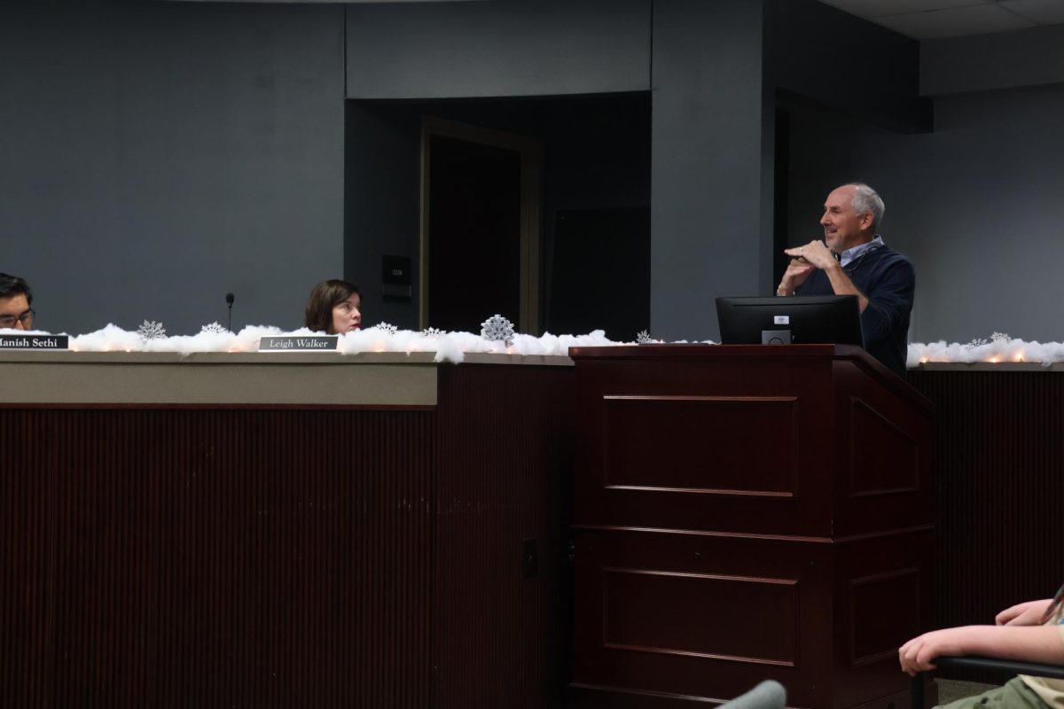 Zonda Education demographer Rocky Gardiner discusses his plans and findings on the Coppell school boundaries, zoning and population growth statistics with the members of the CISD school board during the school board meeting at Vonita White Administration Building on Monday. Monday’s school board meeting was held to award the Great Employees Matter nominees and discuss future plans for Coppell schools.
