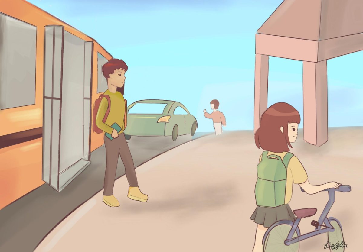 Getting to school in the morning looks different for every student and can feel embarrassing for some. The Sidekick staff writer Jay Vernekar appreciates the experiences he gains from traveling to school in different ways. Graphic by Elizabeth De Santiago