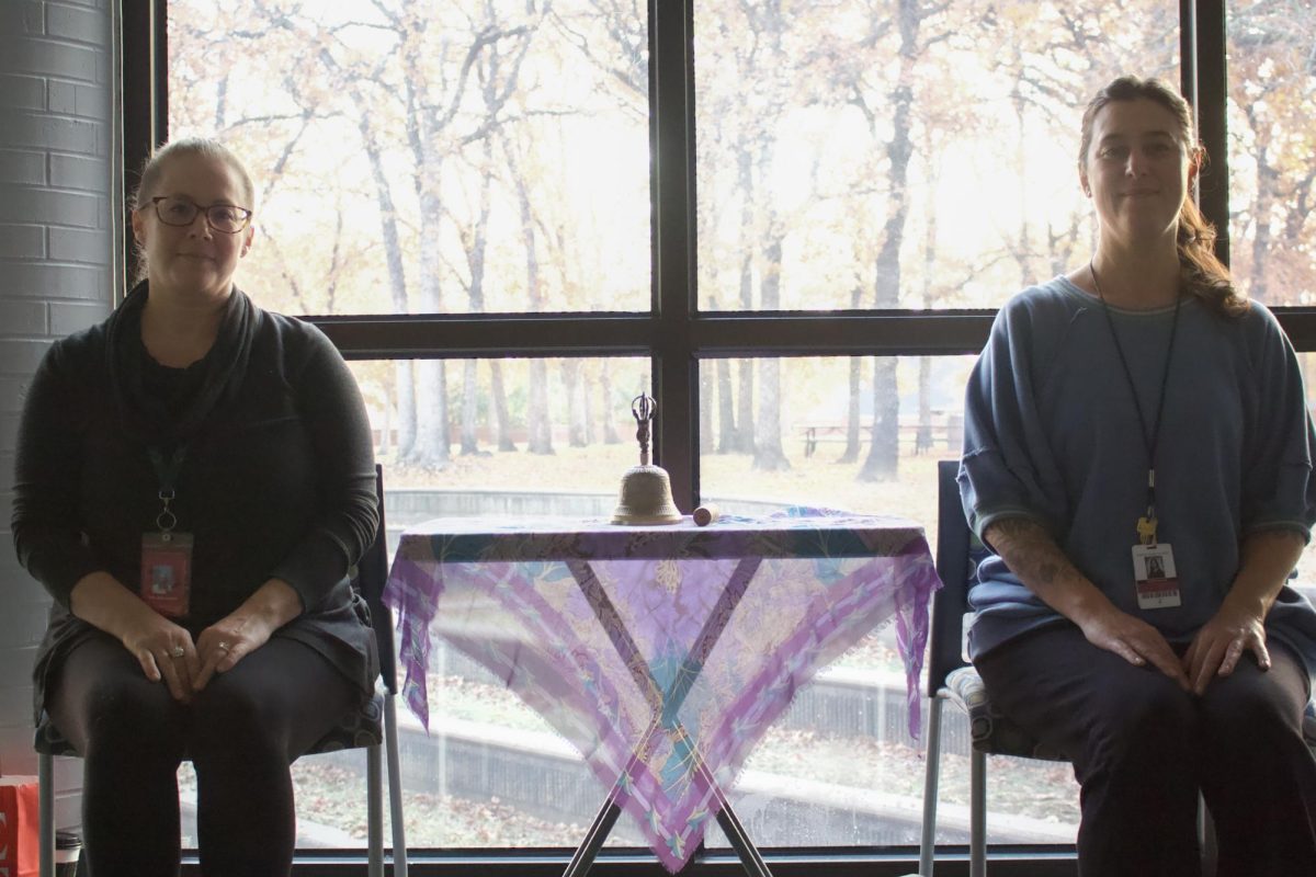 Coppell High School assistant principal Colleen Lowry and Astronomy teacher Angela Barnes lead Mindful Mondays in the library classroom. Mindful Mondays are weekly sessions focusing on meditation and healthy well-being. Coppell High School assistant principal Colleen Lowry and Astronomy teacher Angela Barnes lead Mindful Mondays in the library classroom. Mindful Mondays are weekly sessions focusing on meditation and healthy well-being.