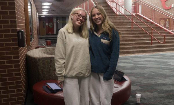 Coppell High School juniors Molly Williams and Emerie Asuncion dress up for “Wear Sweats Day” on Dec.11. Each year, CHS students and staff celebrate 12 days of Christmas by dressing up with different themes.