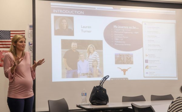 TDIndustries President of Building Services Lauren Turner explains how internships played a crucial role in her journey during a Coppell High School Society of Women Engineering meeting on Dec. 2. Turner is a CHS 2005 alumna and previously interned at TDIndustries.