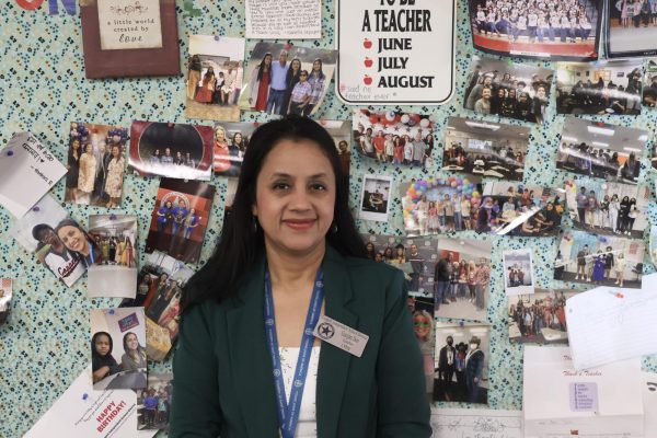 CHS9 Algebra I teacher Gunjan Jain showcases mementos on her classroom board from her seven years of teaching.  Jain creates a welcoming and fun-filled environment to make learning enjoyable for her students. Photo by Aarnav Yarlagadda.