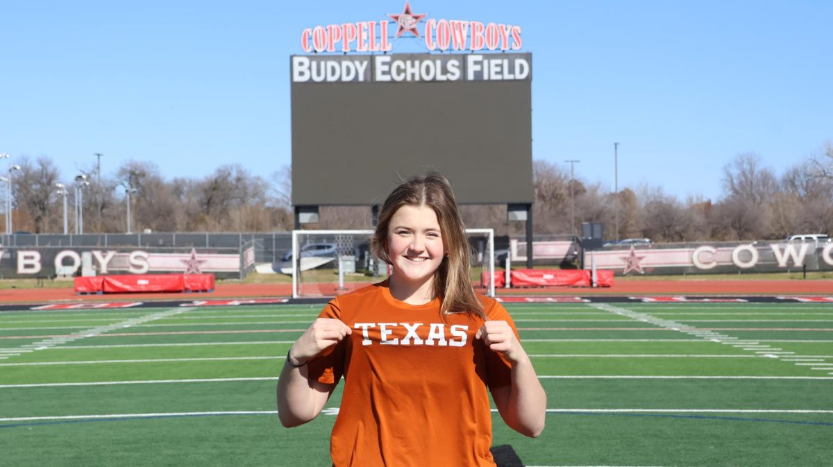 Coppell High School junior Ainsley Bramer’s coaches attest her positive attitude and work ethic drive her in track and field. Bramer committed to the University of Texas at Austin for field throwing events. Photo by Jay Vernekar