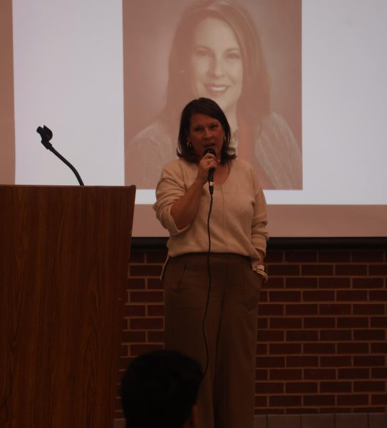 On Tuesday night, the Coppell ISD State of the District was held in the Coppell High School Commons. CISD Board member Nicole Bentley spoke regarding the priority of staff retention amidst discussion of financial issues. Photo by Cato Ware