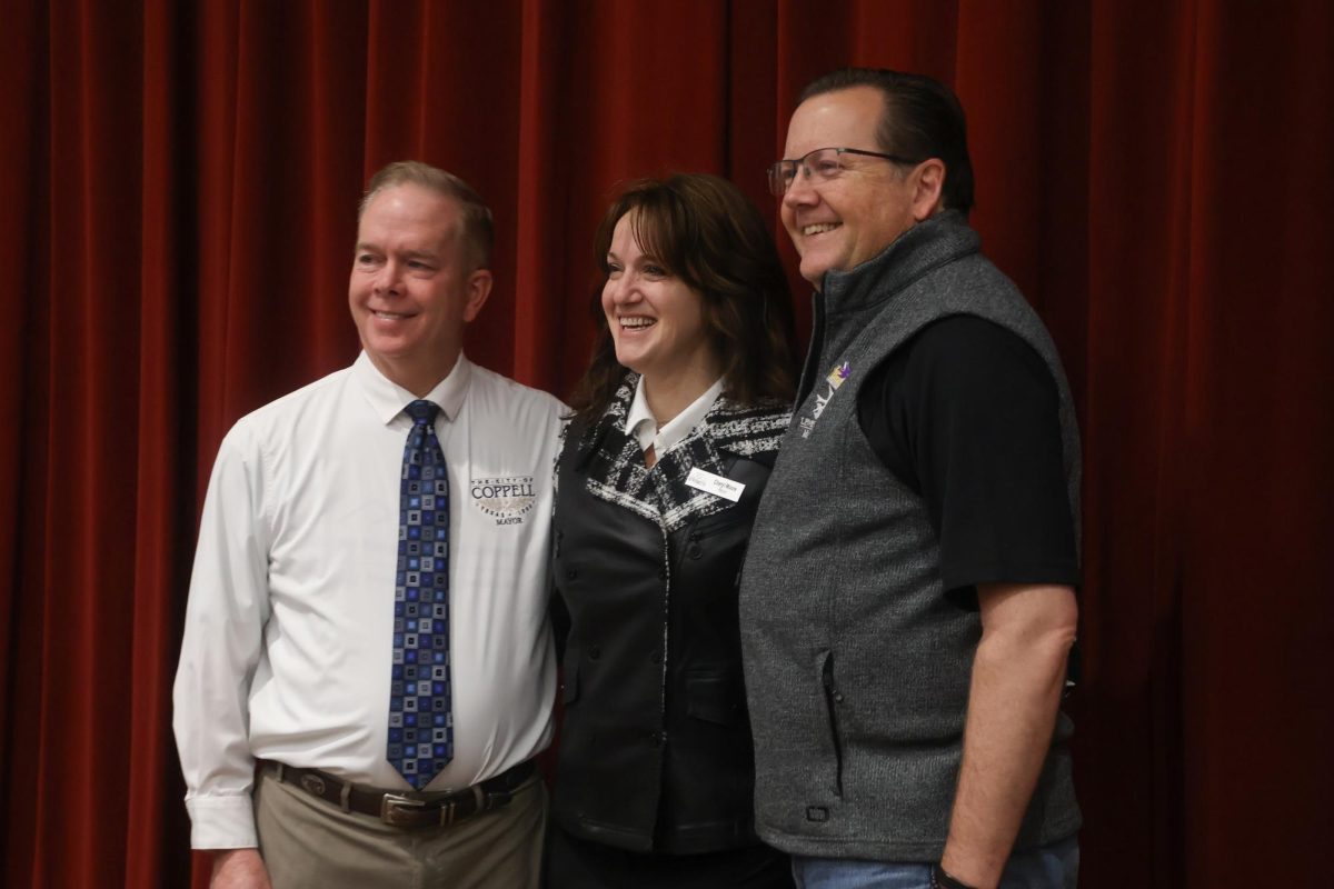 Coppell Mayor Wes Mays, Flower Mound Mayor Cheryl Moore and Lewisville Mayor TJ Gilmore take a picture after delivering their opening messages, introducing the importance of collaboration within communities. The third annual Tri-City Neighborhood Summit was Saturday at the Flower Mound Senior Center bringing together residents from the Town of Flower Mound, the City of Coppell and the City of Lewisville to foster community-building. Photo by Neha Nathwani  