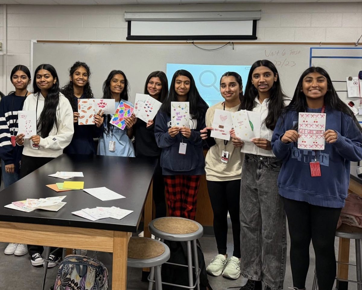 CHS9 Letters of Love Club members present their finished cards during its meeting on Feb. 5, ready to deliver them to hospitals. Letters of Love intends to uplift patients’ spirits by delivering heartfelt, handwritten cards to local hospitals. Photo courtesy Abhirami Nachiappan