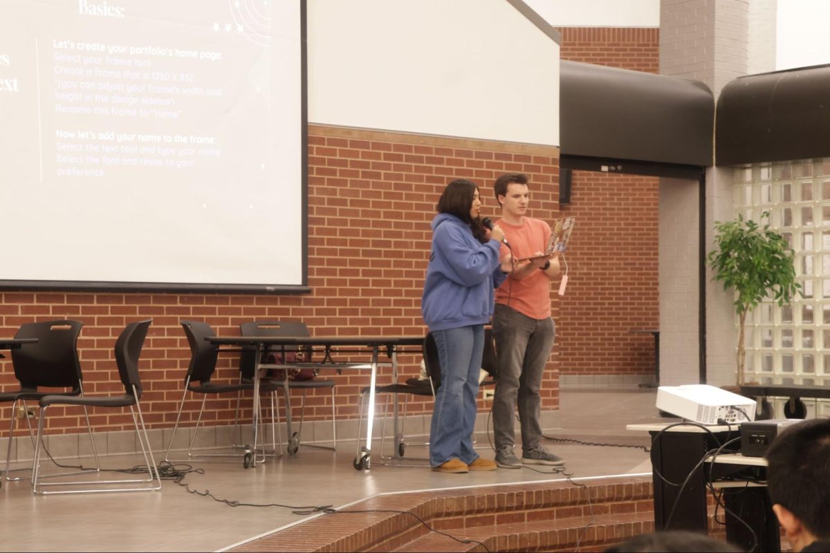 University of Texas at Dallas students Hiba Mubeen and Logan Dane present at the UTD Hackathon workshop. The workshop was held on Jan. 21 at the Coppell High School Commons for students interested in technology, design and innovation. 