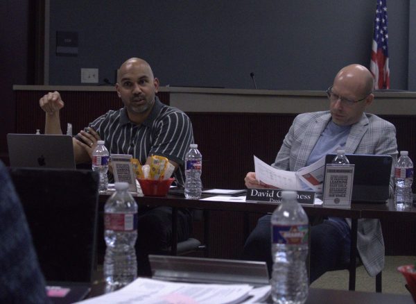 Coppell ISD Board of Trustees Secretary Jobby Mathew and President David Caviness discuss the 2025-26 school-year boundary proposal. The CISD Board of Trustees held a workshop at Vonita White Administration Building on Monday. Photo by Hiral Patel.