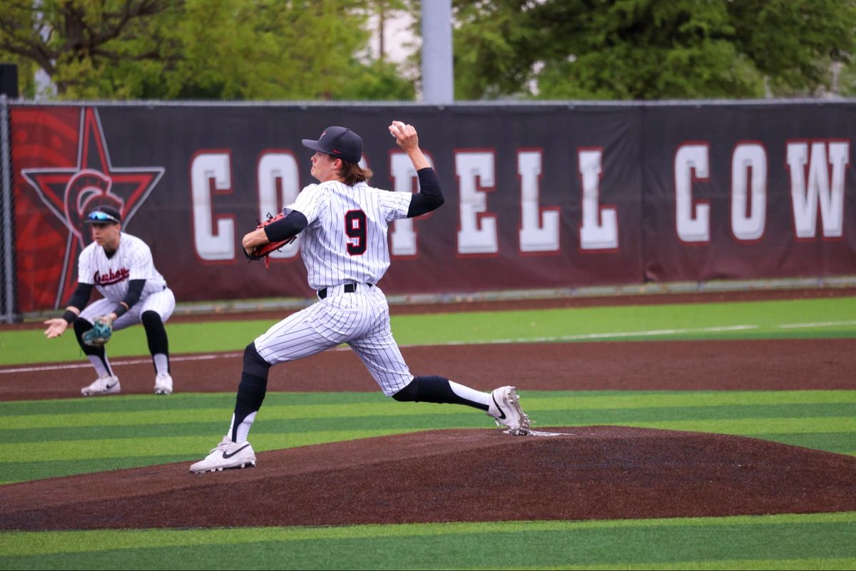 Coppell junior pitcher Jackson Floren throws the first pitch against Lewisville at Coppell ISD Baseball/Softball Complex on April 4. The Cowboys defeated Lewisville, 3-1. Photo by Naila Ali