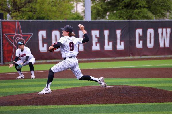 Coppell junior pitcher Jackson Floren throws the first pitch against Lewisville at Coppell ISD Baseball/Softball Complex on April 4. The Cowboys defeated Lewisville, 3-1. Photo by Naila Ali