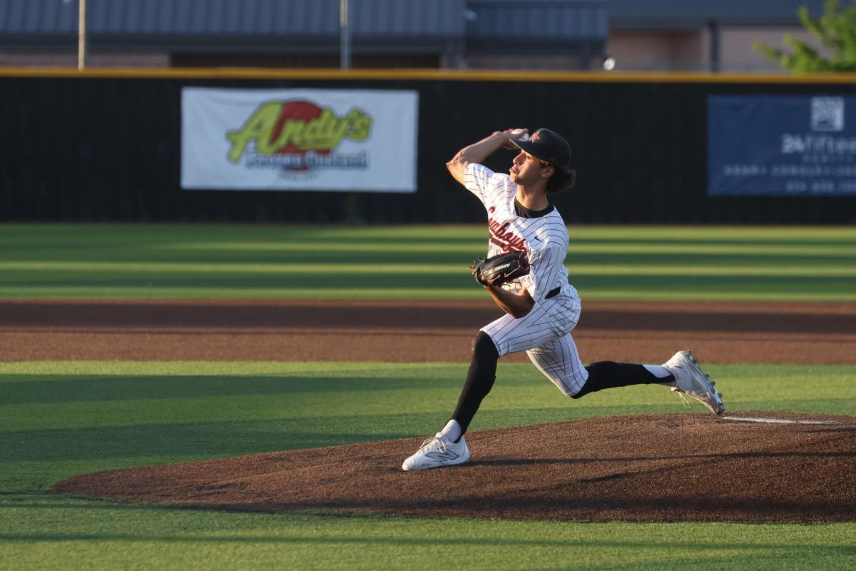 Coppell senior Drew Minnick pitches on Tuesday at Coppell ISD Softball/Baseball Complex. The Marauders beat the Cowboys 1-0. Photo by Nyah Rama