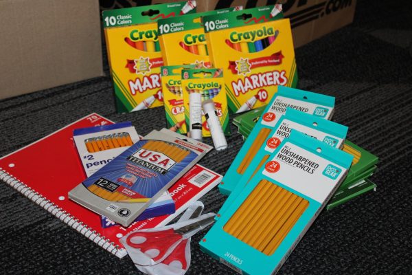 School supplies pile up in C110 as the student council partners with Tools for Tomorrow to provide students in need with school supplies for the 2025-26 school year. The drive runs through April 30.