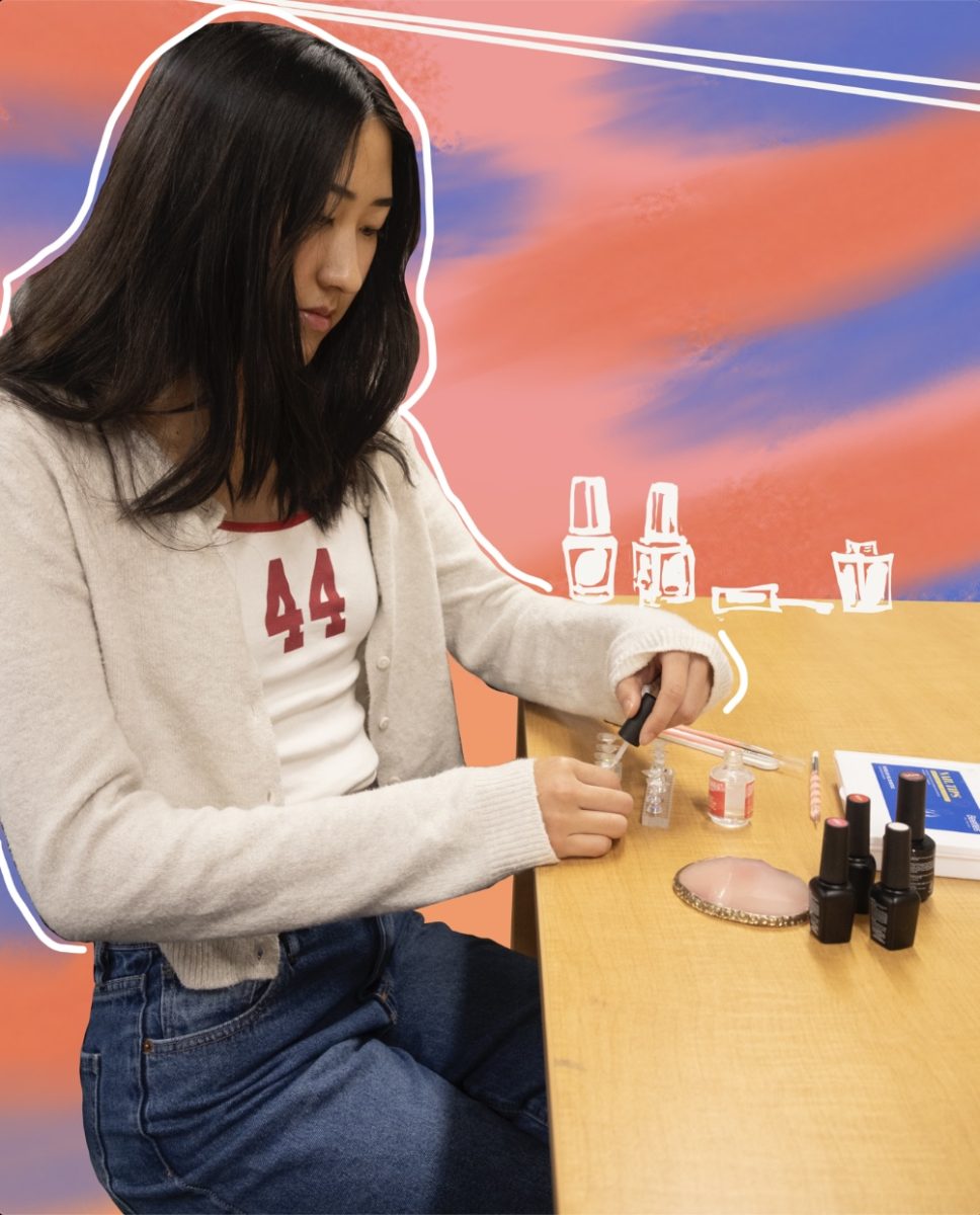 Coppell High School senior Cynthia Zhao designs a new set of press-on nails. Zhao runs her own nail business Nails by Cyn [@prnailsbycyn on Instagram], where she creates and sells various designs. Photo illustration by Prathi Tamara Sathish Kumar and Elizabeth De Santiago.