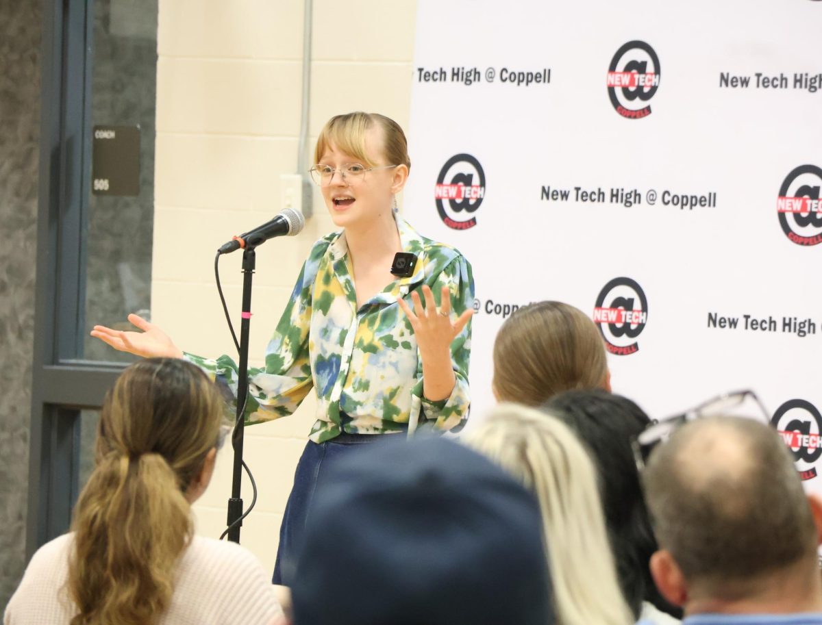 New Tech High @ Coppell senior and Poetry Out Loud finalist Anna Myers presents “To a Young Girl Dancing Girl” by Elsa Gidlow and “Song of Myself 26” by Walt Whitman on Tuesday in the gym. New Tech hosted its 11th year of Slamming For a Cause to bring social issues to light.