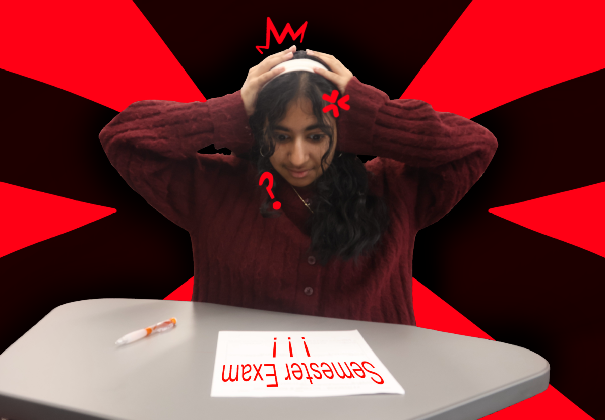 The Sidekick staff designer Tareni Moorty acts out taking a semester exam at Coppell High School. The Sidekick staffers give their opinion of the effectiveness and fairness of semester exam policies. Photo illustration by Prathi Tamara Sathish Kumar.