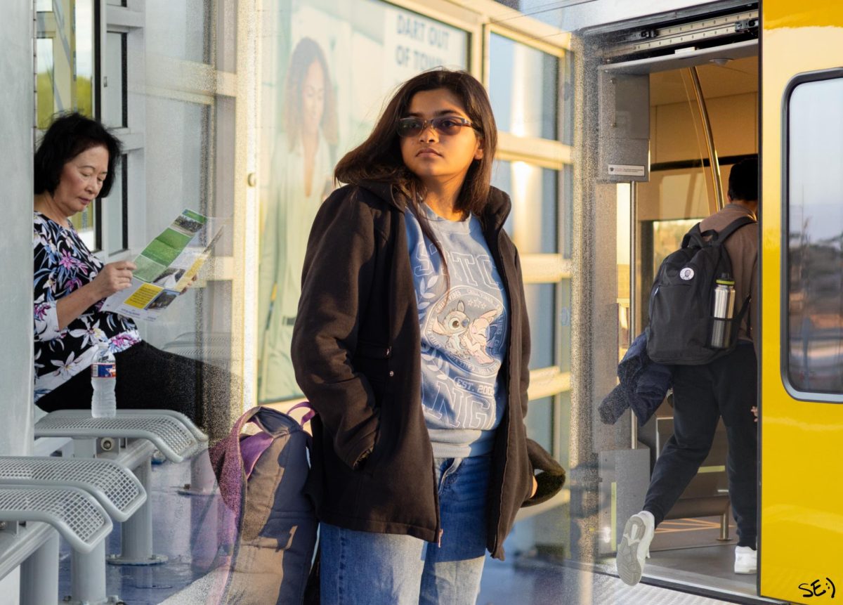 Coppell residents wait to board the Dallas Area Rapid Transit Silver Line at the Cypress Waters Station. The newly opened rail line connects Coppell residents to universities, job centers and entertainment hubs across the Metroplex. Photo Illustration by Sofia Exposito, Kevin Gunnampalli and Naseeha Masood