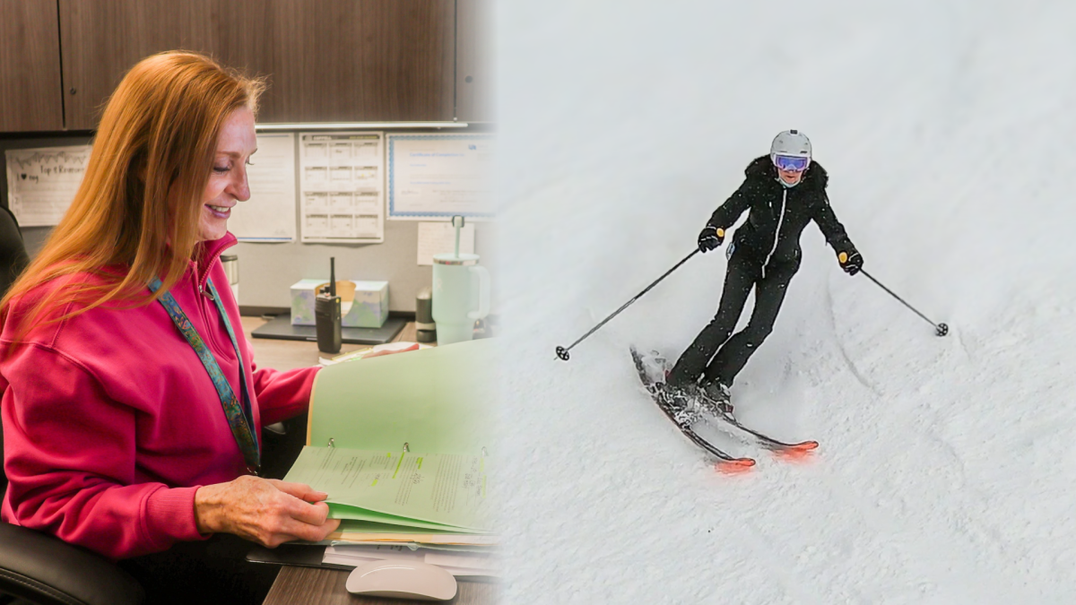 Coppell High School nurse aid Nan Fullinwider is known for her tender care over students but outside of school she has a lifelong passion for skiing. Fullinwider has skied for over 60 years ever since it was introduced to her as a child, creating a sense of joy for skiing. Graphic by Dayami Granados.
