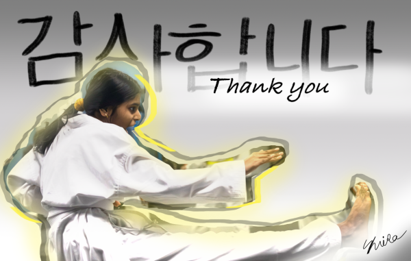 The Sidekick staff designer Shrika Elma has been taking taekwondo classes at Dynamic Taekwondo in Irving since June 2025. Elma shares her journey of how she became better at exercises and gained confidence as a white belt in the span of eight months. Photo illustration by Tanvi Ravella and Shrika Elma 