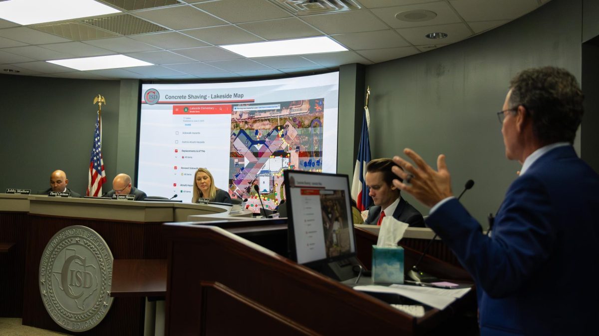 Coppell ISD chief operations officer Sid Grant discusses bringing the infrastructure of Lakeside Elementary School up to date with the Coppell ISD Board of Trustees on Monday at Vonita White Administration Building. The meeting recognized  Teachers of the Year, the Texas Academic Performance Report, updating aspects of CISD campuses and deciding on a resolution for a Period of Prayer and Reading of Religious Text. 

