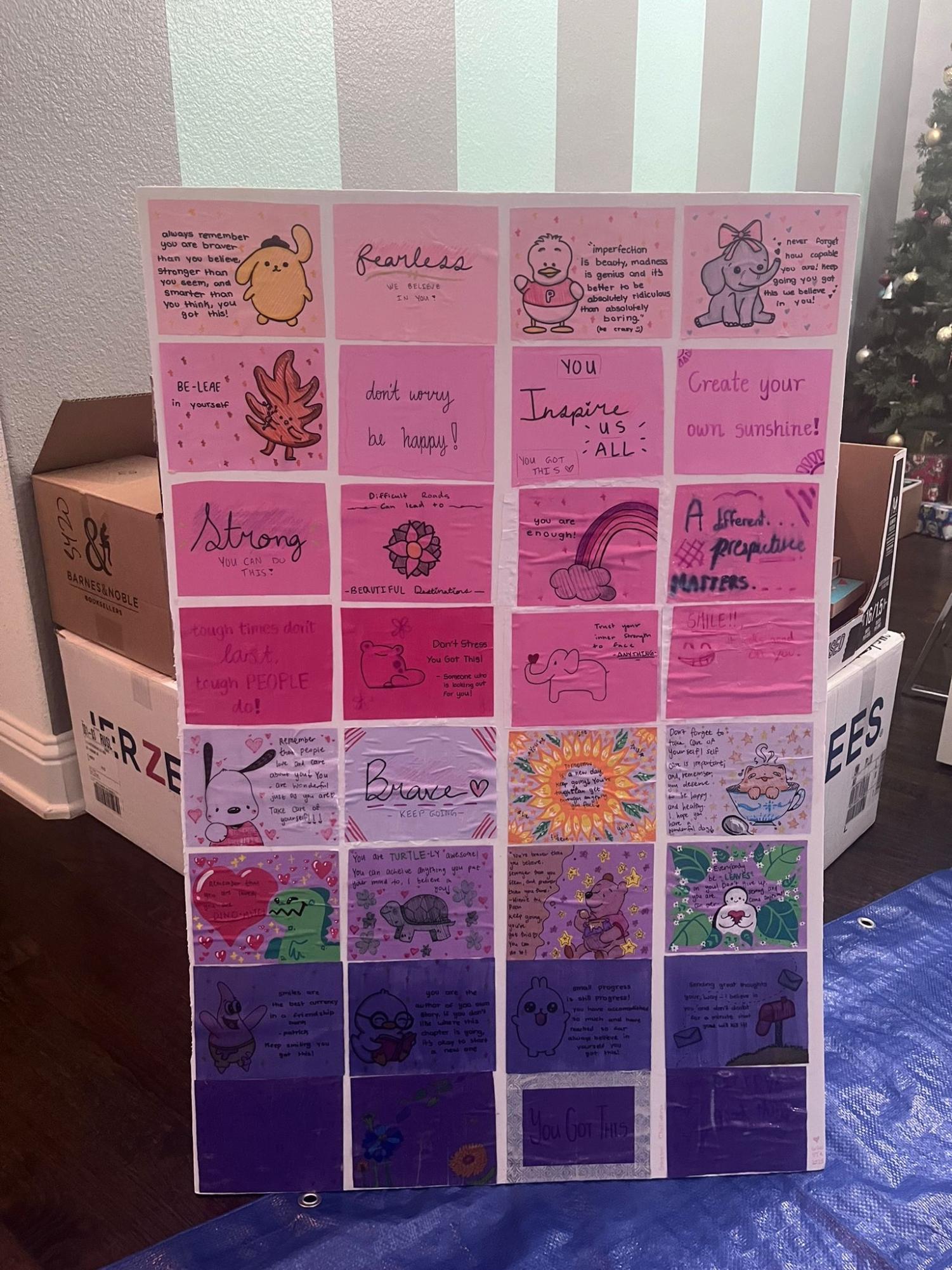 A poster is covered with colorful notes written by SmilesThruArt and Weigh2Wellness volunteers. SmilesThruArt is a student-led organization that brings art therapy and creative activities to children in hospitals. Photo courtesy Siri Vemireddy